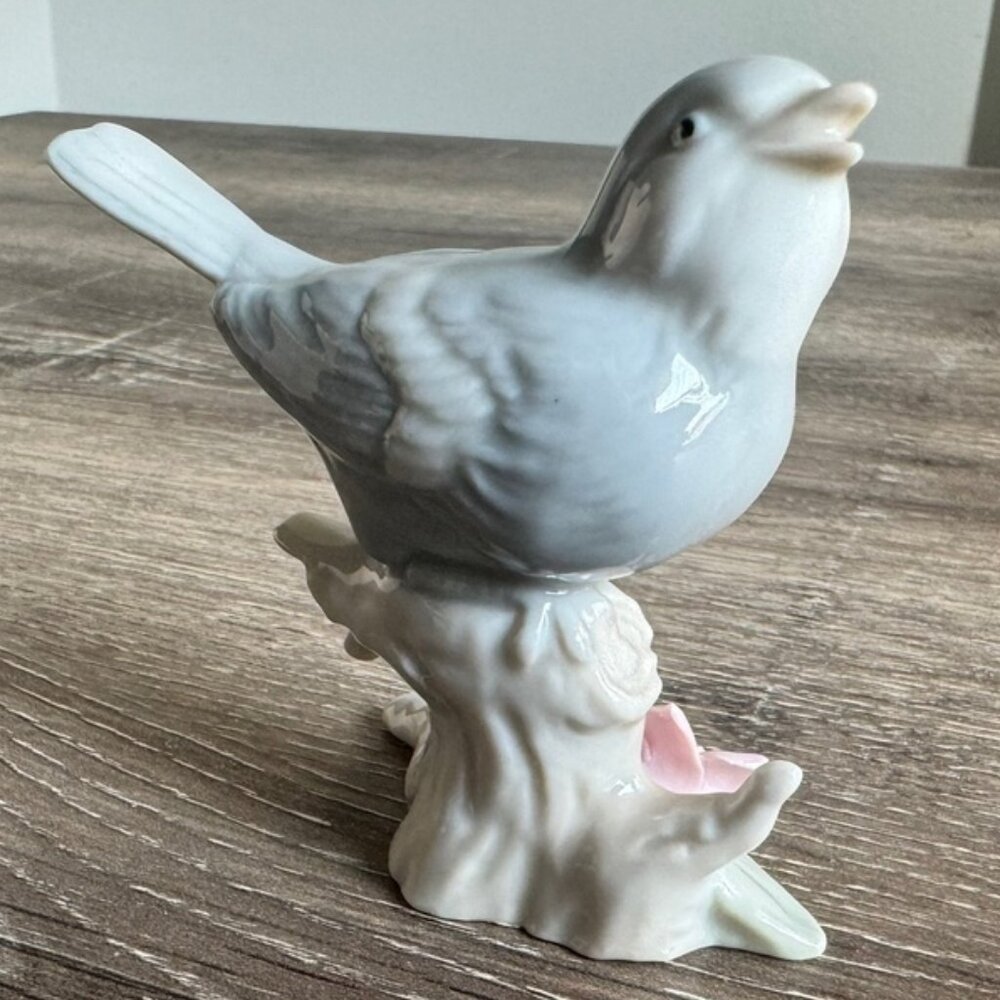George Good Blue Jay Bird Figurine with Pink Flower.